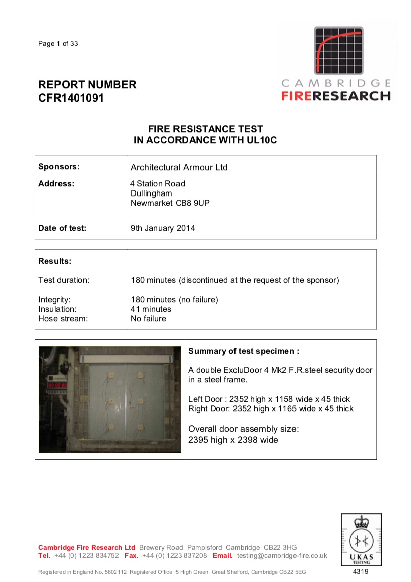 Architectural Armour | UL 10C Fire Test Standard